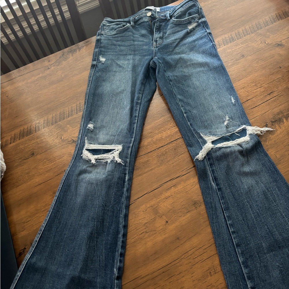 Flying Monkey Distressed Flare Jeans in Blue